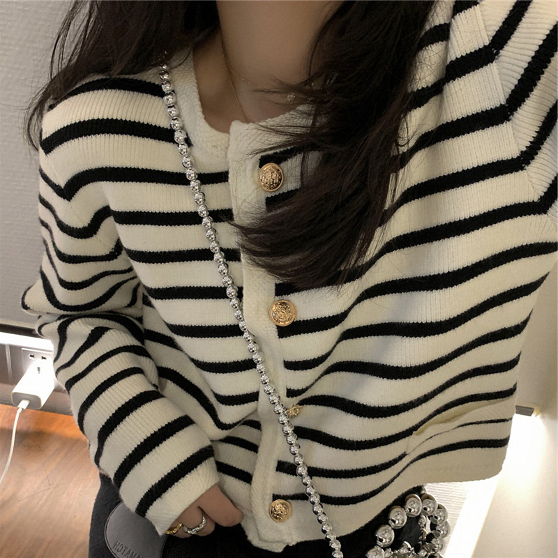 (2개) 가을 새로운 스트라이프 니트 가디건 여성 작은 향기 대비 색상 다목적 슬림 라운드 넥 싱글 브레스트 스웨터 재킷