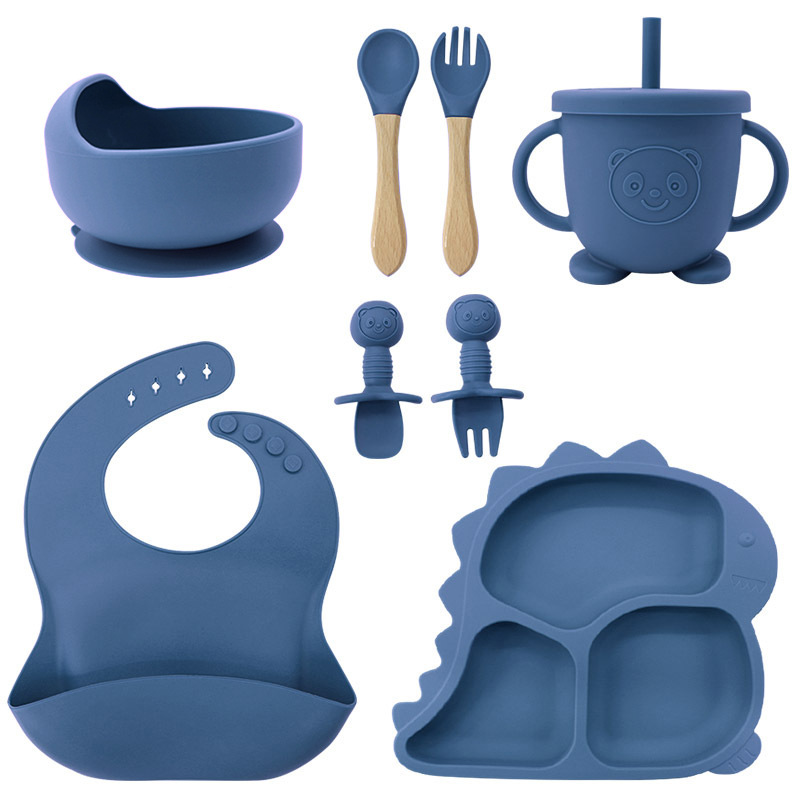 Fábrica al por mayor cubiertos para bebés babecera de silicona platos de comida suplementarios dinosaurios niños comidas set de entrenamiento