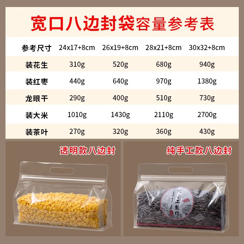 Bolsa de sellado de ocho lados transparente Portátil Bolsa de embalaje hecha a mano bolsa de comida seca bolsa sellada de galletas