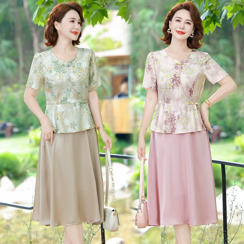 Платье для мамы, летнее платье для женщин среднего и пожилого возраста, длинная юбка из двух частей в китайском стиле, летнее платье, модный темперамент, новинка с короткими рукавами