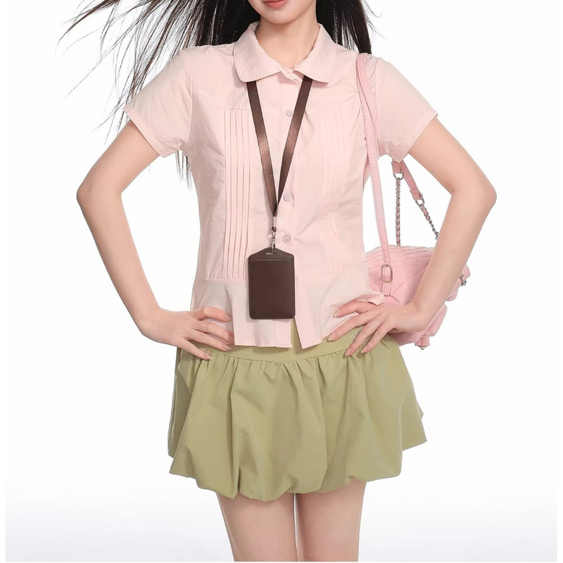 Pink Polo Collar Short-Sleeve Shirt for Women, Summer Design with a Cinched Waist and Pleated Inner Layer, Short Top for Summer Pink Polo Collar Short-Sleeve Shirt for Women, Summer Design with a Cinched Waist and Pleated Inner Layer, Short Top for Summer