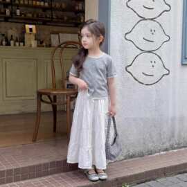 女童蕾丝短袖半身裙套装2026新款儿童夏装T恤大童蛋糕裙女孩长裙