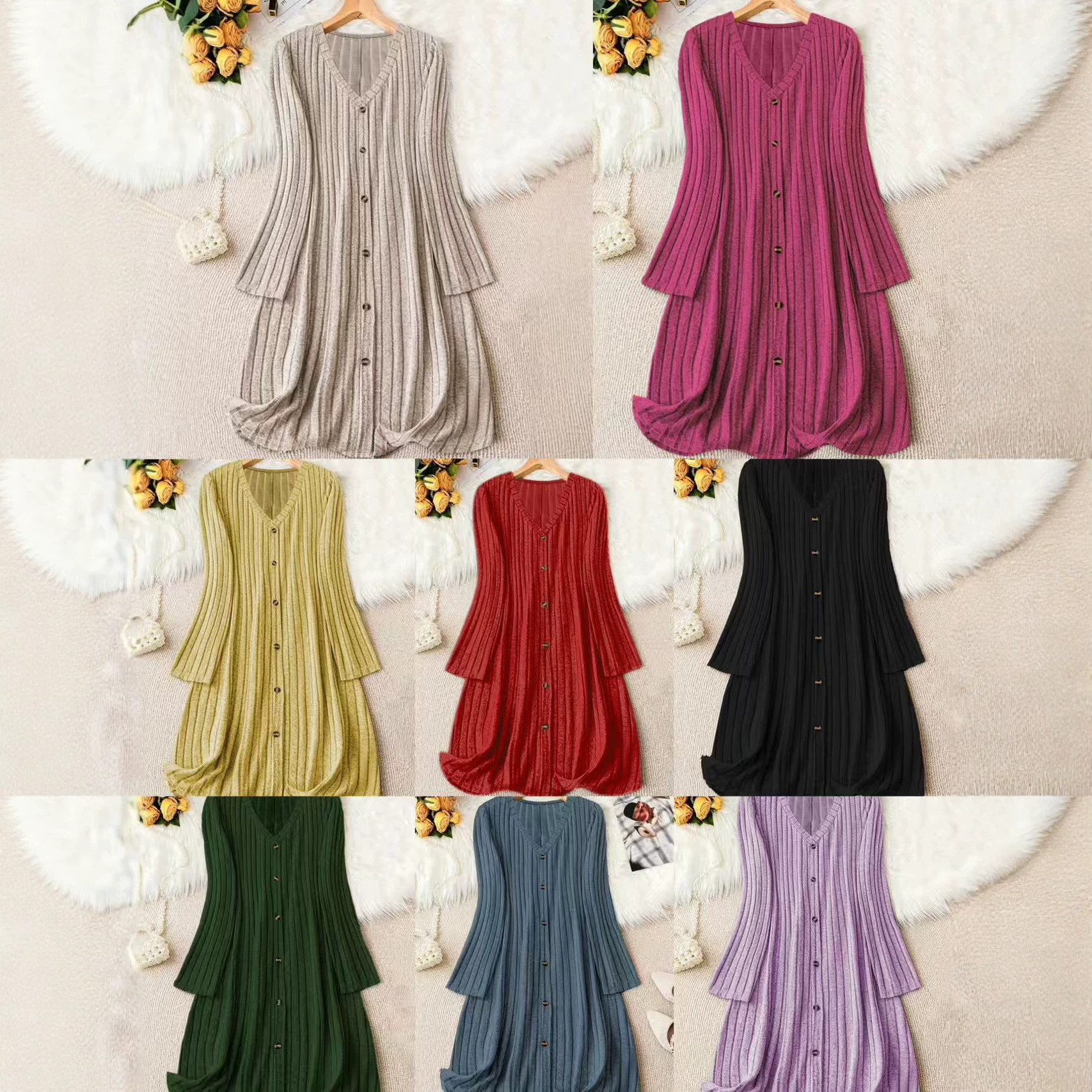 Cross-border European and American Autumn and Winter New Solid Color V-neck Long Sleeve All-match dress Women