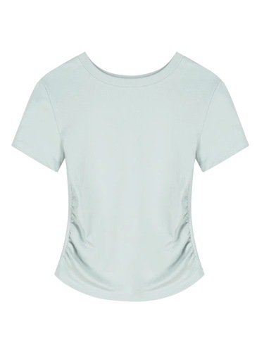 Blue Round Neck Short Sleeve Shoulder Shirt Women's Summer 2025 Pleated Strap Waist Slim Fit Short Top