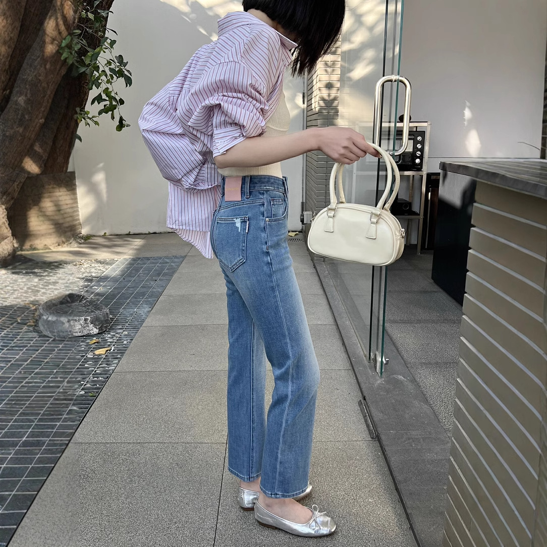 SMX17510早春新款磨破口袋修身九分微辣牛仔裤女四面弹遮肉显瘦