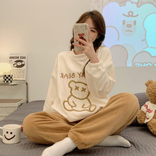 秋冬新款法兰绒睡衣女卡通可爱宽松保暖套装长袖长裤家居服