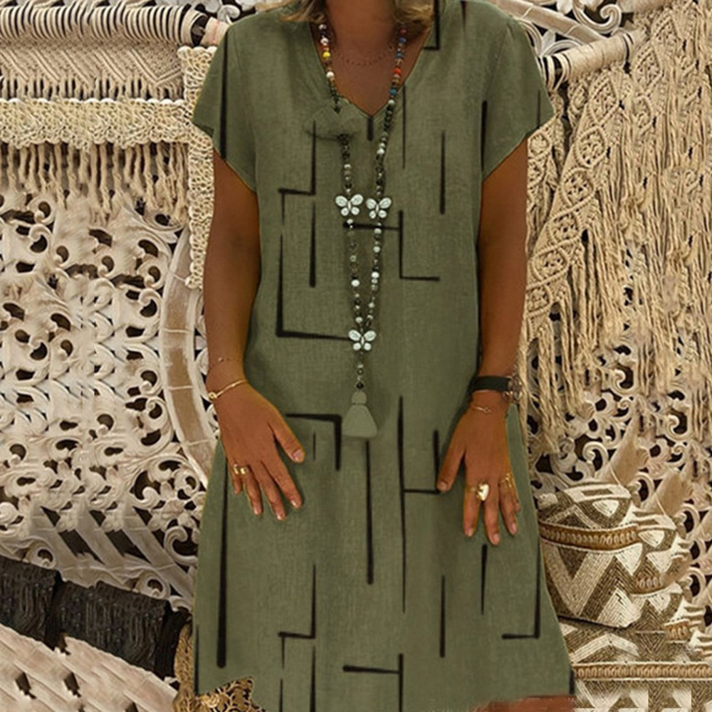 Damen-Kleiderlinie, einfarbig, lockerer, kurzärmliger Rock mit V-Ausschnitt_voghion.com
