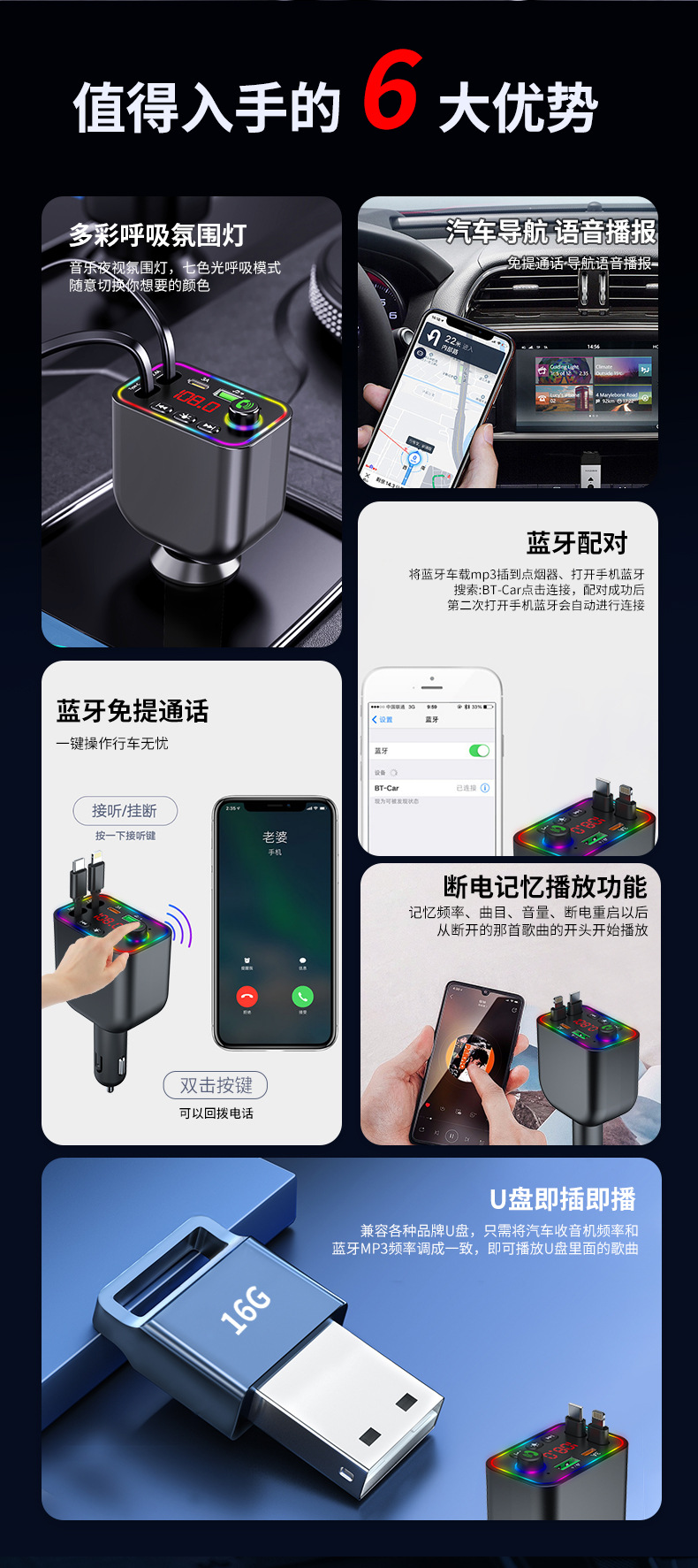 Y4 Factory Wholesale Car Mp3 Bluetooth Fm Transmitter Private Model Fast Charging Car Charger Cross-Border New Product