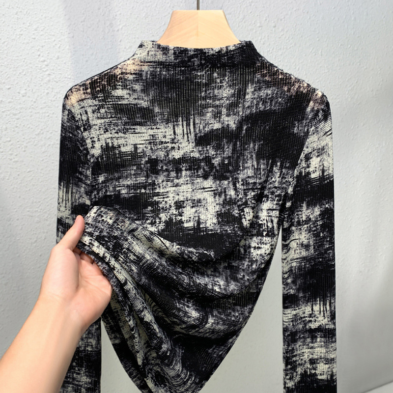 Media altura cuello de manga larga camisa de tela de tela para mujeres 2024 nuevo otoño delgado camiseta de moda de reducción de edad extranjera chaqueta teñida