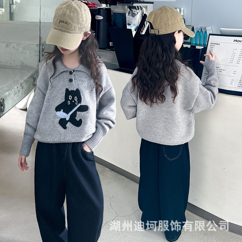 女童毛衣2025秋装新款灰色polo领中大童韩版套头针织衫卡通刺绣潮