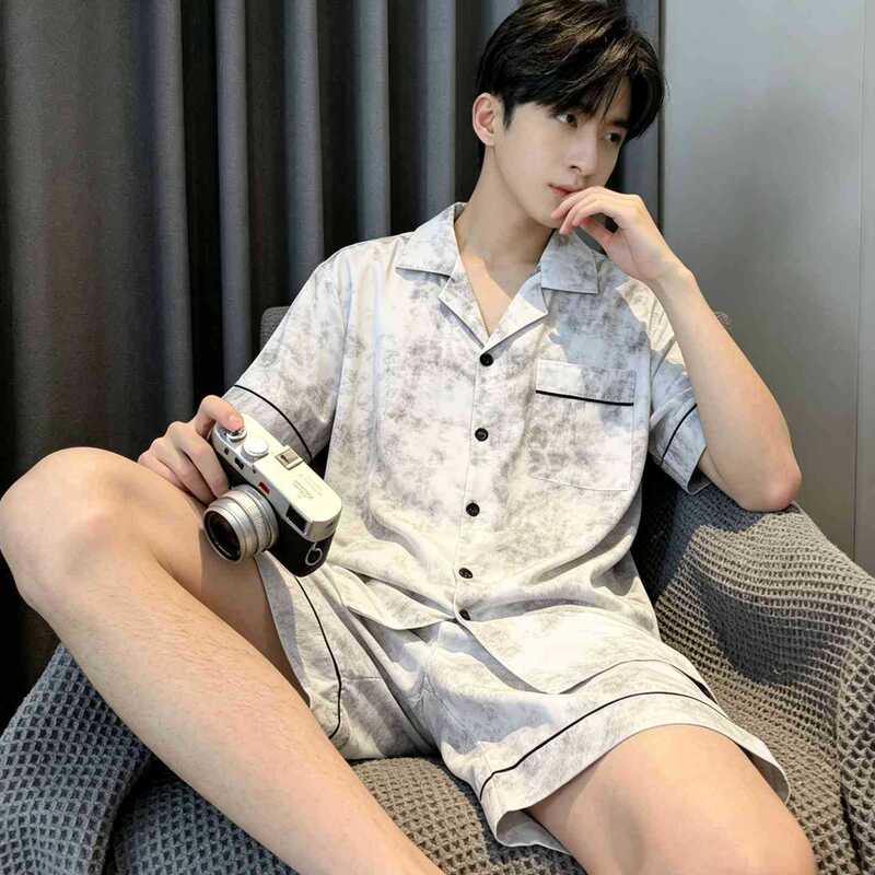 Men's White and Gray Ink Marble Pattern Pajamas, Summer Short-Sleeved Shorts, Ice Silk Lapel Cardigan, Loose-Fitting Loungewear Men's White and Gray Ink Marble Pattern Pajamas, Summer Short-Sleeved Shorts, Ice Silk Lapel Cardigan, Loose-Fitting Loungewear