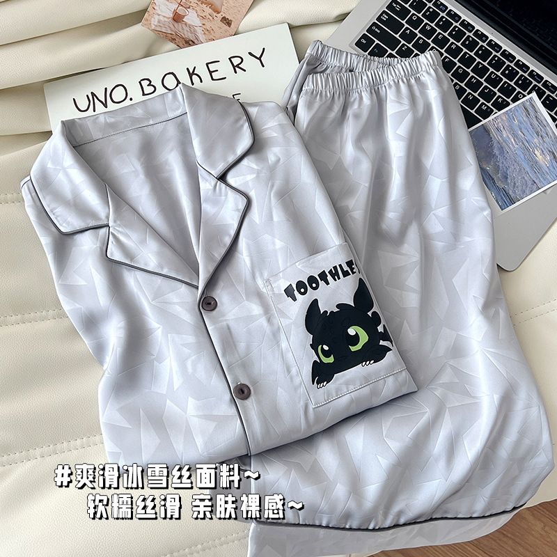 2025 New Ice Silk Short-Sleeved Pajamas for Men in Summer, Spring and Autumn, High-End Teenagers Loose Large Size Home Clothes