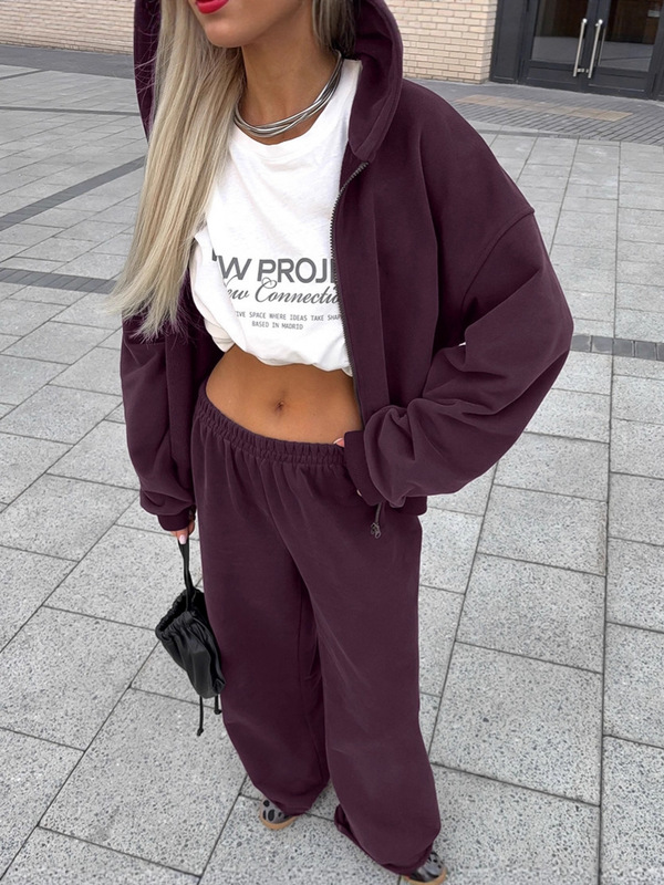 欧美跨境街头紫色运动连帽卫衣套装女2025秋冬时尚外套长裤两件套|undefined