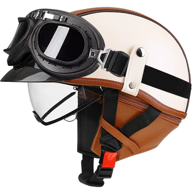 Motosiklet kaskı (dəbilqə) — car helmet Japanese scoop helmet - brown-white-transparent-black-frame-mirror-m