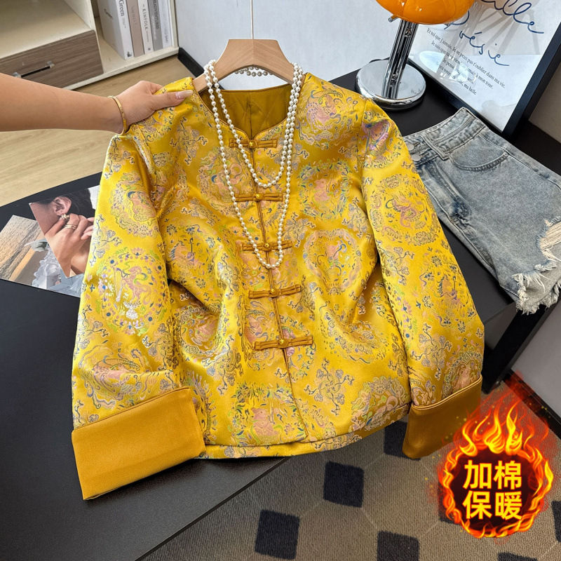 实拍新中式古风圆领加棉重工刺绣提花织锦复古长袖拼接棉袄外套