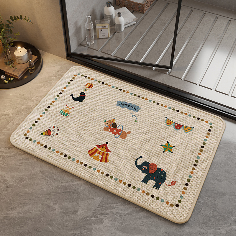 Cartoon Linen Woven Bathroom Floor Mat Bathroom Water-Absorbent Quick-Drying Foot Mat Shower Room Bath Anti-Fall Anti-Slip Mat