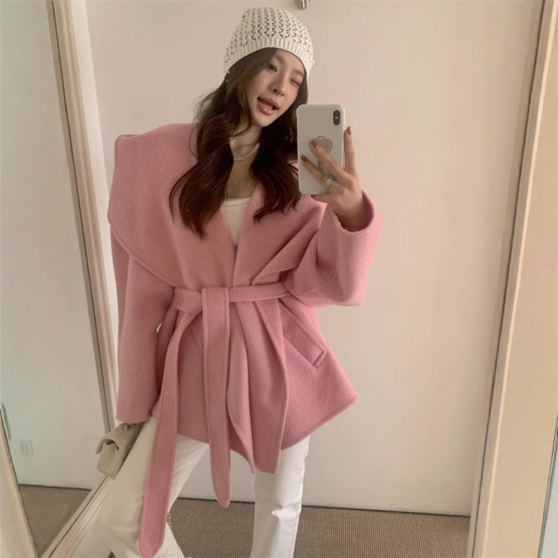 25 New Winter Style Korean Double-Sided Hand-Stitched Wool Coat with Hood, Large Size, Thickened, Loose-Fitting Women's Jacket Xg-1389