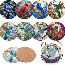 8 件钻石画艺术杯垫带支架,蜂鸟钻石绘画艺术杯垫套装DIY饮料杯垫