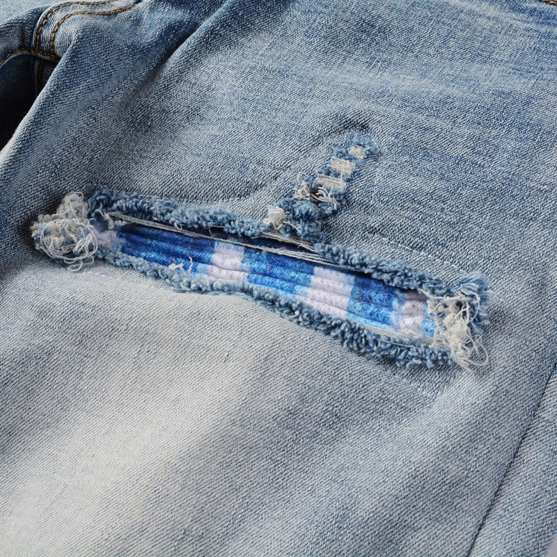 Herrenbekleidung im gleichen Stil, Katzenschnurrhaare, zerknitterte Farbe, Patchwork, Lederpatch, Loch, elastische Slim Fit-Röhrenjeans_voghion.com