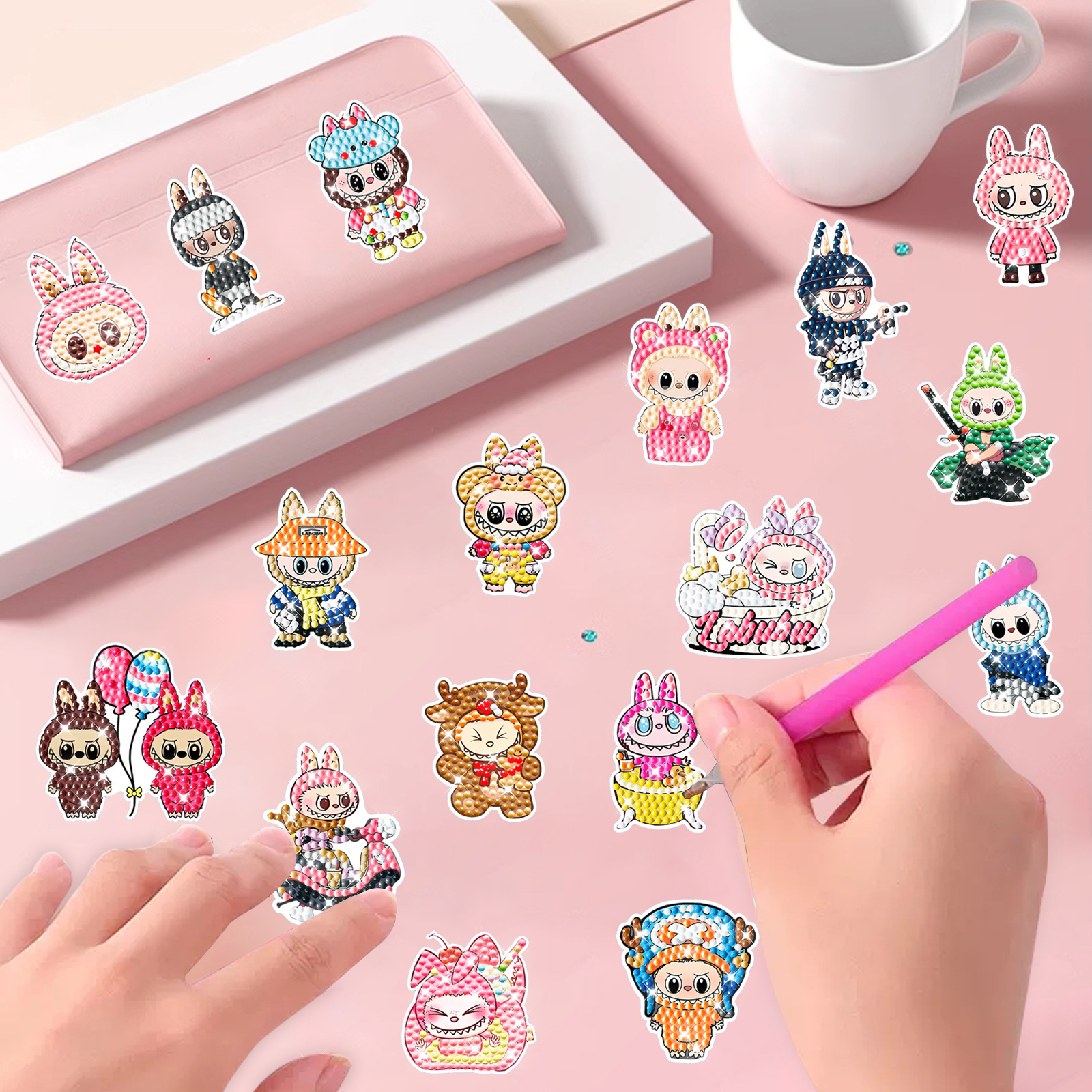 Labubu nueva pintura de diamantes dibujos animados bricolaje juguetes hechos a mano para niños tela rabu pegatinas al azar pintura de diamantes al por mayor