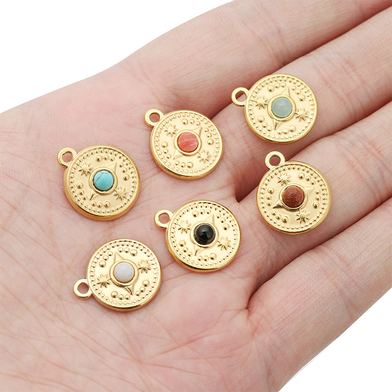 Natural Stone Inlay Material DIY Jewelry Accessories Classification 5 PCS/Package 18mm 304 Stainless Steel Natural Stone 18K Gold Plated Round Star Pendant