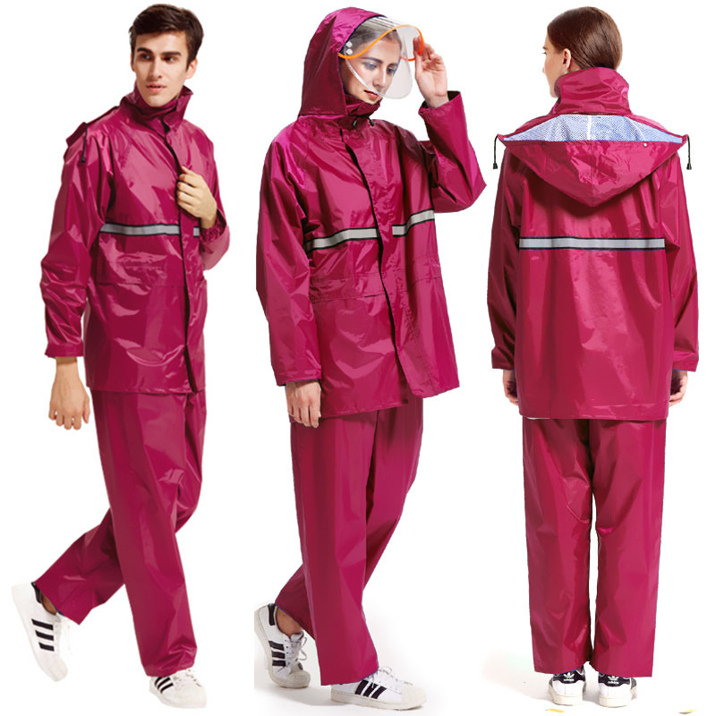 High-End 210t Polyester Taffeta Waterproof Raincoat Set with Pvc Coating Rain Pants, Reflective Strip Safety Polyester Hiking Poncho