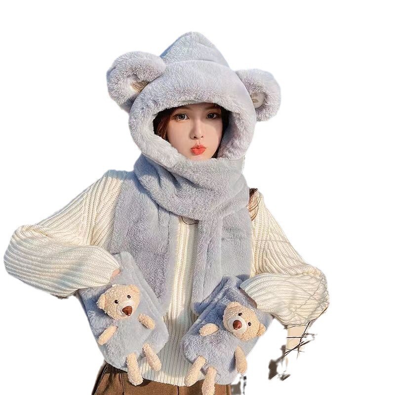 帽子の女性の秋冬の熊の耳のマフラーの手袋の一体の3つのセットのマフラーのぬいぐるみのかわいい自転車の保温帽子|undefined