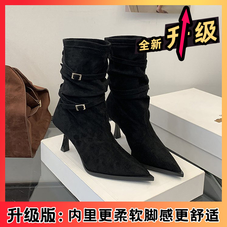 复古尖头时装靴女2025年秋冬新款女小个子高跟中筒靴百搭气质女靴|undefined
