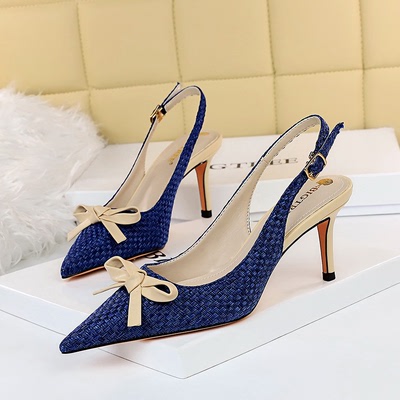 8999-7 han edition fashion knitting shallow pointed mouth after color matching small bowknot is hollow-out strappy shoes