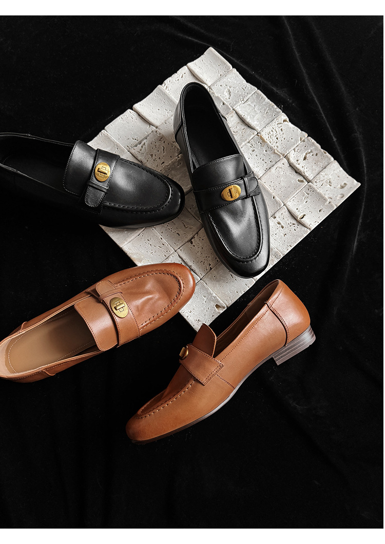 Giày loafer nữ da bò mũi sâu gót vuông thấp phong cách Anh Quốc — màu nâu chi tiết 24