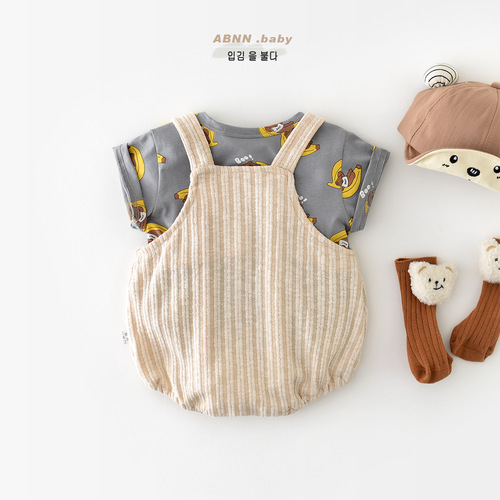 Summer new baby set cotton cartoon bear short-sleeved thin 0-3 year old boy and girl baby romper suit