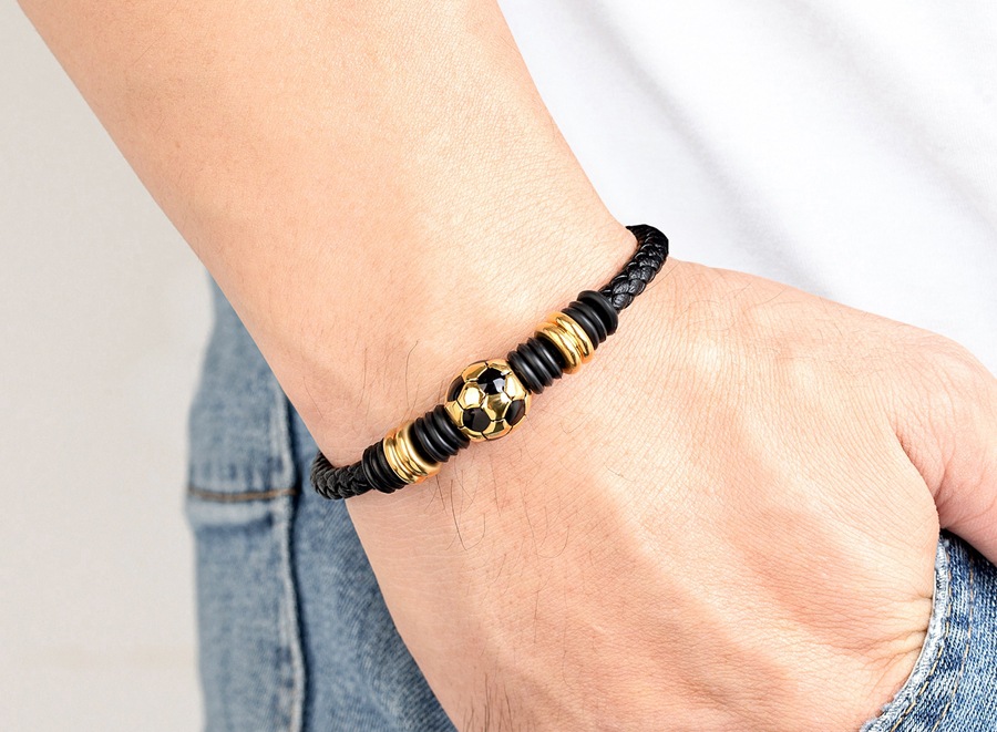 Pu Leather, Titanium Steel Material Vintage Style Football Pu Leather Titanium Steel Plating Men's Wristband Men Cord & Leather Bracelets