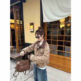 2025新款美式复古气质翻领长袖牛仔棉服女装冬季宽松百搭短款外套