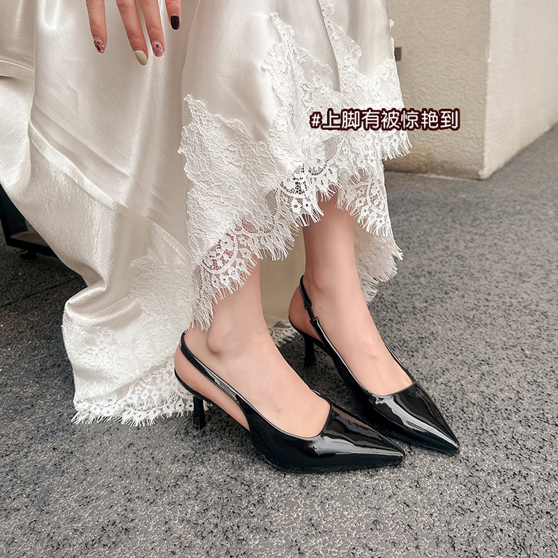 Druina hija ~ Temperamento pequeño puntiagudo boca baja sandalias vacías trasero mujeres tacón de aguja francés ocelote zapatos individuales mujeres