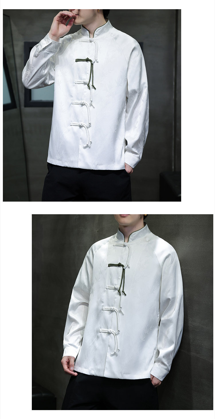 Black Hole Scenery Spring/Summer New Product Chinese Style Bamboo Leaf Silk Jacquard Long sleeved Shirt Button Standing_vogarts.com