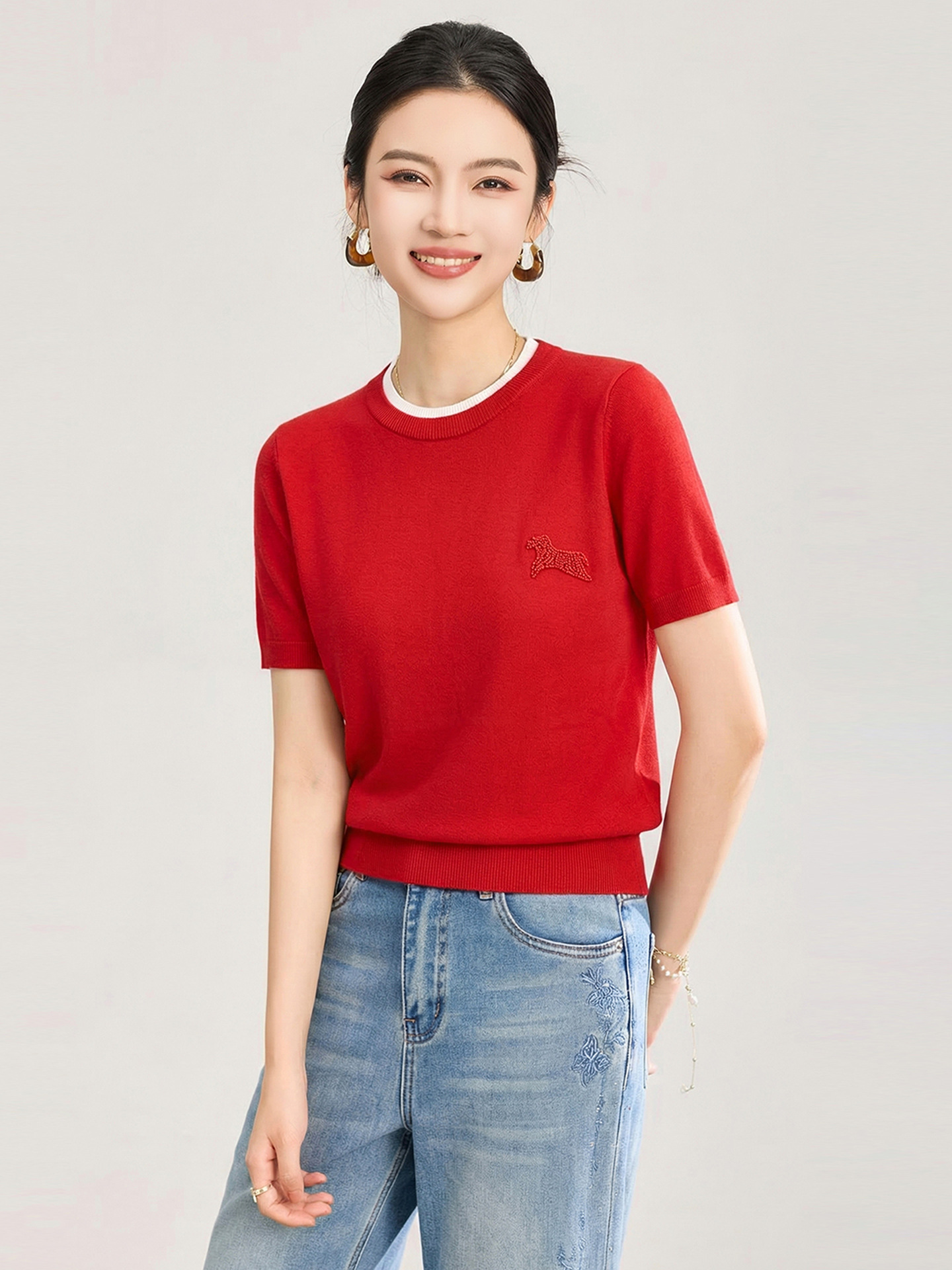 Áo thun dệt kim len merino giả hai lớp cổ tròn — màu xanh navy