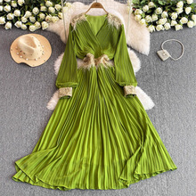 严选欧美大牌重工皱褶黑色长裙女V领晚礼服高级感亮片绣花奢华连