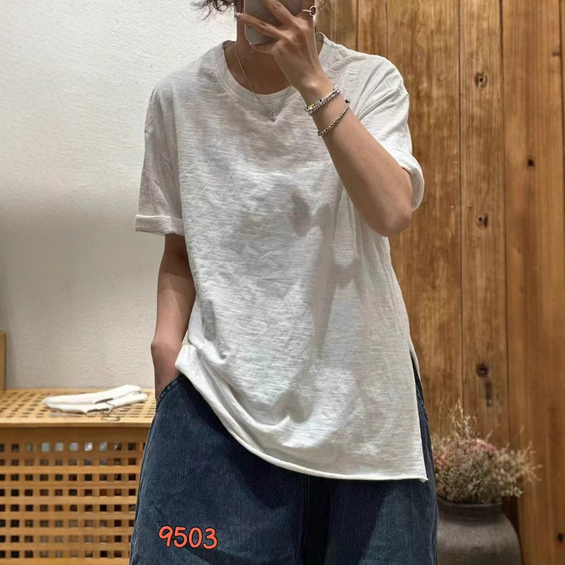 Cotton Women's Round Neck Pullover T-Shirt 2025 Summer New Artist Style Elegant Short Sleeve Top with Split on Both Sides