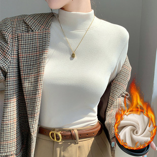 H118 Half-high Collar Base Shirt Women's Autumn and Winter Inner One-piece Velvet fleece-lined Thickened Slim-fit All-match Warm Long-sleeved Top