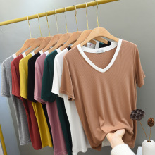 21春夏季宽松纯色气质通勤宽松型套头t恤莫代尔棉短袖t恤V领短袖