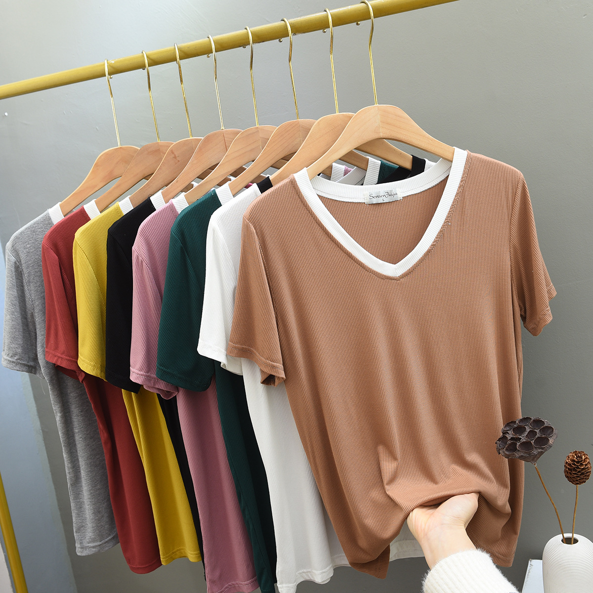 21春夏季宽松纯色气质通勤宽松型套头t恤莫代尔棉短袖t恤V领短袖