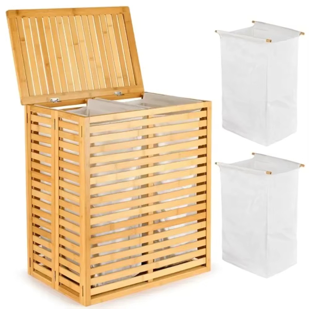 Wholesale Laundry Basket with Lid Separate Laundry Basket with 2 Removable Liner Bamboo Laundry Basket