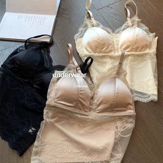 法式性感蕾丝拼接缎面美背内衣女固定一体杯内搭外穿吊带背心