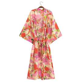 2024欧美风春女装新款人棉水印花腰带和服开衫外套  8837图片色