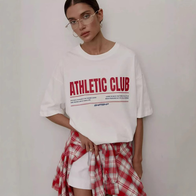 Red and Blue Striped Letter Print Outer Wear, Age-Reducing, Loose, Slimming, Personalized, Casual, Comfortable, Round Neck Short Sleeves