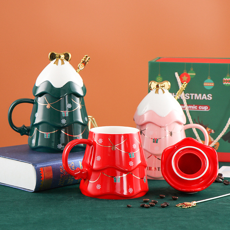 网红热销陶瓷杯圣诞树造型马克杯带盖带勺水杯咖啡杯情侣礼物杯子