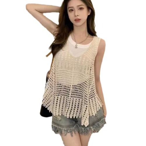 复古民族风针织吊带性感海边外穿镂空美背心夏季格子米白色上衣