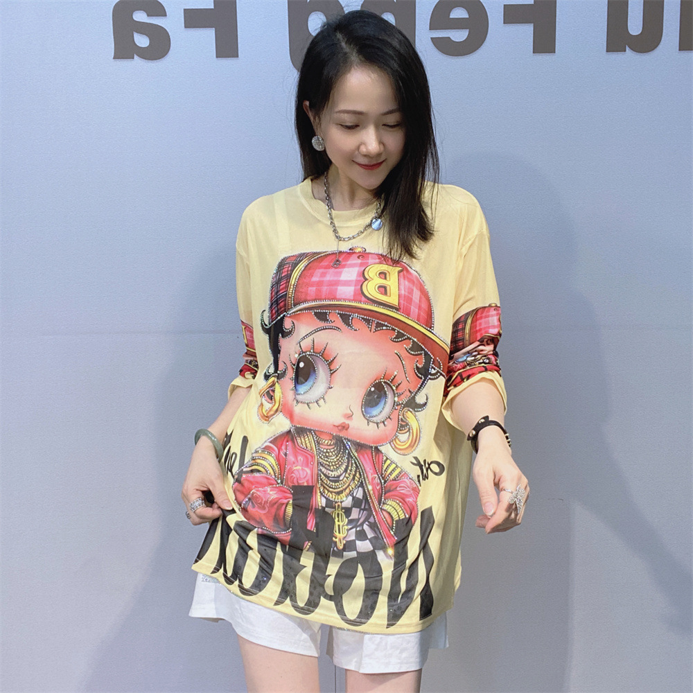 欧美女装时尚漏空网纱圆领长袖打底衣女夏季印花宽松遮肉潮牌上衣