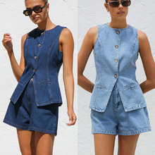 新款亚马逊2025春夏独立站欧美时尚无袖收腰高腰宽松牛仔短裤套装