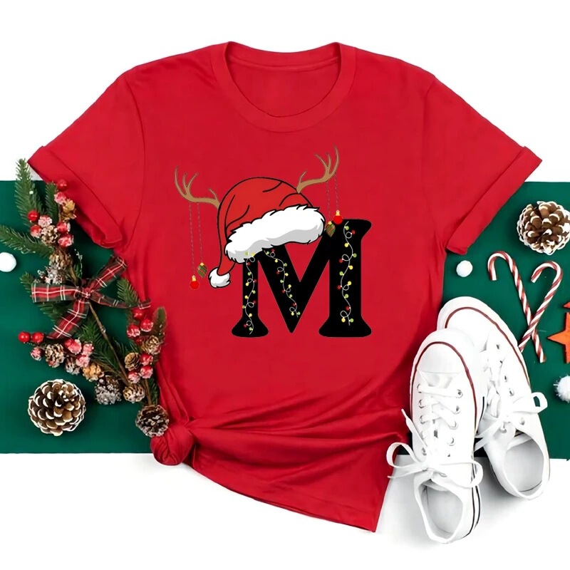 New 26 A~Z Christmas Letter T-Shirt Ladies Casual Fashion T-Shirt Short Sleeve Christmas Party Aesthetic Red T-Shirt New 26 A~Z Christmas Letter T-Shirt Ladies Casual Fashion T-Shirt Short Sleeve Christmas Party Aesthetic Red T-Shirt